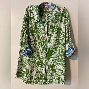 Cappagallo Green Blue and White Tropical Floral Print Roll Tab Top Size Large